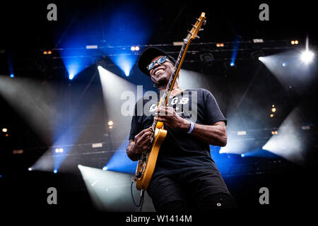 Copenhagen, Denmark - June 22nd, 2019. The American rock band Living Colour performs a live concert during the Danish heavy metal festival Copenhell 2019 in Copenhagen. Here guitarist Vernon Reid is seen live on stage. (Photo credit: Gonzales Photo - Christian Hjorth). Stock Photo