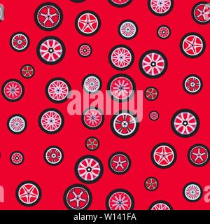 Seamless background. Wheels isolated on a red background. Techno pattern. Texture with different wheels. Theme design for cars and any vehicles, auto Stock Vector