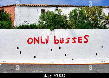 Only busses,only buses,alternative spelling,spellings,Paleokastritsa ,Corfu,Greece,Ionian Islands Stock Photo