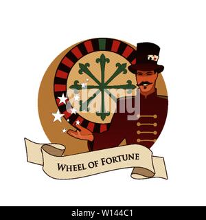 Major Arcana Emblem Tarot Card. The Wheel of Fortune. Master of ceremonies with mustache, wearing top hat adorned with playing cards, showing a casino Stock Vector