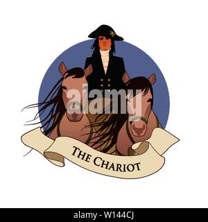 Major Arcana Emblem Tarot Card. The Chariot. Chariot pulled by two horses and driven by an elegant coachman in livery and hat, isolated on white backg Stock Vector