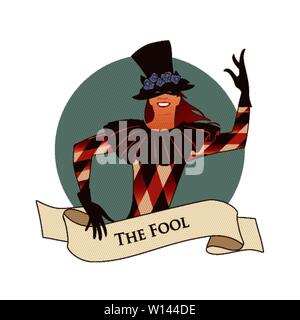 Major Arcana Emblem Tarot Card. The Fool. Joker with top hat decorated with flowers, mask and rhombus suit dancing, isolated on white background Stock Vector