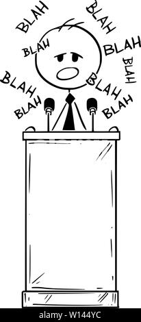 Vector cartoon stick figure drawing conceptual illustration of man or politician speaking or having boring speech on podium or behind lectern and saying blah. Stock Vector