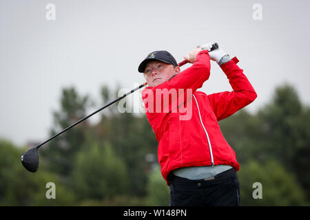Troon, Scotland, UK. 30th June 2019. On the final day of the Competition the remaining 8 golfers, playing matchplay golf competed over Barassie Links Golf course, Troon in blustery wind and squally rain conditions to try and win the Championship Cup and the Clark Rosebowl. Credit: Findlay/Alamy Live News Stock Photo
