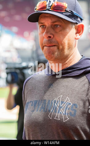 London Stadium, London, UK. 30th June, 2019. Mitel &amp; MLB Present London Series Baseball, Boston Red Sox versus New York Yankees; Aaron Boone Manager of the New York Yankees walking off after batting practice before the game Credit: Action Plus Sports/Alamy Live News Stock Photo