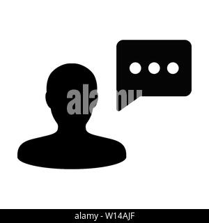 Information icon vector male person profile avatar with speech bubble symbol for discussion and information in flat color glyph pictogram illustration Stock Vector