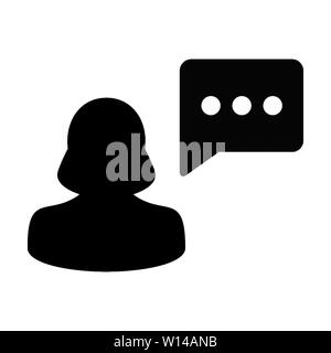 Help icon vector female person profile avatar with speech bubble symbol for discussion and information in flat color glyph pictogram illustration Stock Vector