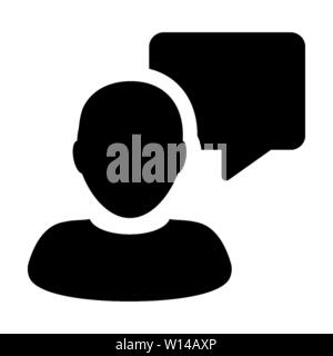 Talk icon vector male person profile avatar with speech bubble symbol for discussion and information in flat color glyph pictogram illustration Stock Vector