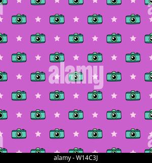 Hand Draw Camera and the stars Seamless Pattern. Vector colorful Pink Endless background in Doodle style. Texture For printing on fabric, wrapping paper, textiles, Wallpaper and other things. Stock Vector