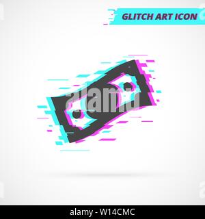 Flat One Dollar Bill Glitch isolated Icon. Silhouette Fly Money symbol in Glitch art style in neon glow colors. Vector isolated illustration. Stock Vector