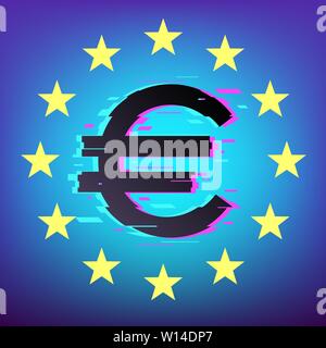 Glitched Euro currency vector illustration on blue gradient background. European union finance Pop art style vector. Stock Vector