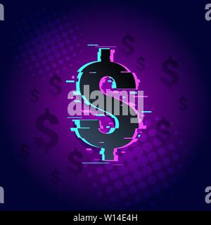 Glitched Dollar icon. Money symbol in Pop art and glitch style vector. Background in finance theme with gradient colors, halftone dots and lines. Stock Vector