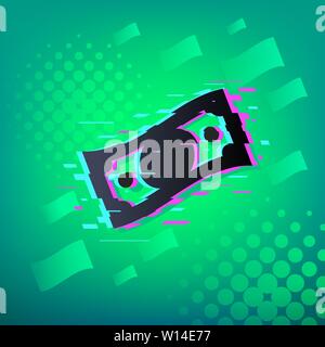 Money bill silhouette on bright green gradient background. Glitch finance symbol in mixed Pop art style. Modern colorful business vector background. Stock Vector