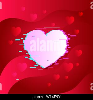 Big pink Heart with a lot little hearts on bright red gradient background. Glitched Love symbol in mixed Pop art style. Modern colorful vector backgro Stock Vector