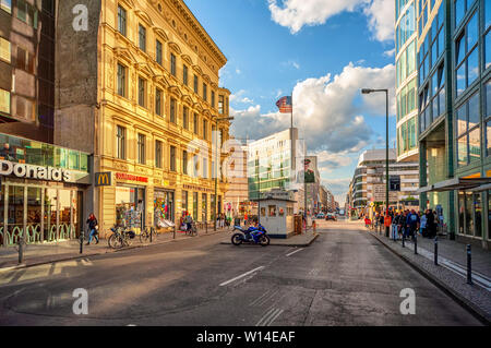 Berlin, Germany - Juni 01: Checkpoint Charlie border crossing point from the former american sector. It was a symbol of the Cold War and separation of Stock Photo