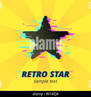 Glitched Star silhouette on pop art bright yellow and orange background. Super Star symbol. Retro star text with vintage environment Stock Vector