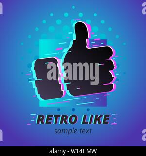 Hand with thumbs up finger silhouette in glitch and Pop art style on blue violet gradient background. Mixed style success and social like symbols. Stock Vector
