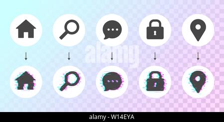 Glitched dashboard icon set with two behavior actions. Business theme vector. Regular flat icons with glitch version on light gradient background. Stock Vector