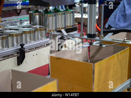 Automation robot lifting food can into cardboard in production line Stock Photo