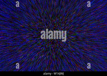 natural lens zoom explosion radial blurred red green blue dots on black background. Stock Photo