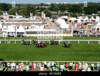 Hamburg, Germany. 30th June, 2019. Spectators follow a race on the Horner racecourse during the Derby Week 2019. Credit: Daniel Bockwoldt/dpa/Alamy Live News Stock Photo