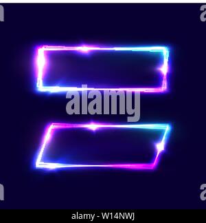Rectangle neon signs set on dark blue background. Stock Vector