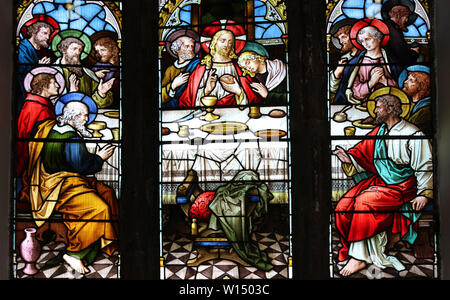 The Last Supper Stained Glass Window at the Church of St Mary and All Saints, Conwy, Wales Stock Photo