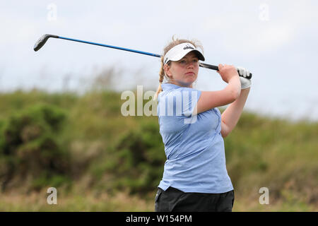 Troon, Scotland, UK. 30th June 2019. One the final round of the Scottish Women's Amateur Championship Clark Rosebowl the Championship Cup was won by KIMBERLEY BEVERIDGE from Aboyne Golf Club and the Silver Plate was won by MEGAN ROBB from Banchory Golf Club. Image of Kimberley Beveridge playing to the 17th green Credit: Findlay/Alamy Live News Stock Photo
