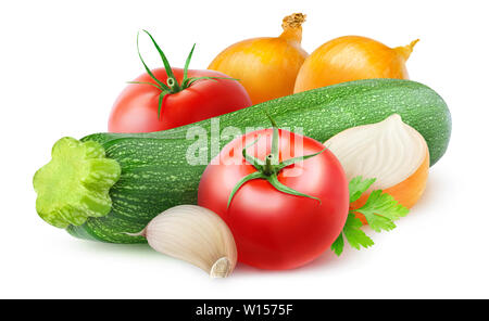 Isolated vegetables. Raw ingredients for zucchini, onion and tomato sauté isolated on white background with clipping path Stock Photo