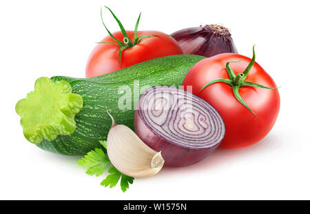Isolated vegetables. Raw zucchini, red onions and tomatoes (sauté ingredients) isolated on white background with clipping path Stock Photo
