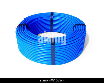 Blue plastic rolled hose pipe or cable isolated on white background. 3d rendering illustration Stock Photo