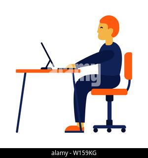 Illustration of tired man working on computer on white background. Business man at his desk is working on the laptop computer. Vector illustration in Stock Vector