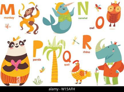 Part 3 of animals abc with cute cartoon animals and letters. Letters M-R.  Stock Vector