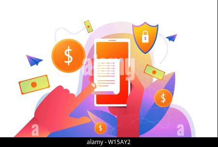 Hand holding smartphone with invoice bill paper , flat style mobile phone with invoice bill paper, concept of online payment. Stock Vector