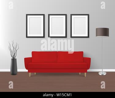 Vector 3d Realistic Render Red Sofa, Couch with Pillows in Simple Style in Modern Room - Apartment, Salon, Art Gallery, Living Room, Reception, Lounge Stock Vector