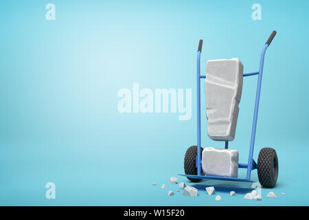 3d rendering of large stone exclamation mark on blue hand truck with big stone crumbs on ground on light-blue background. Stock Photo