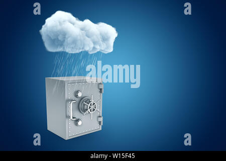 3d rendering of white rainy cloud above grey metal bank safe on blue background Stock Photo