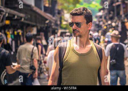 Takayama - May 26, 2019: Western travelers in the streets of Takayama, Japan Stock Photo