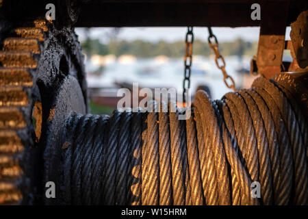 Close up of weathered boat winch Stock Photo
