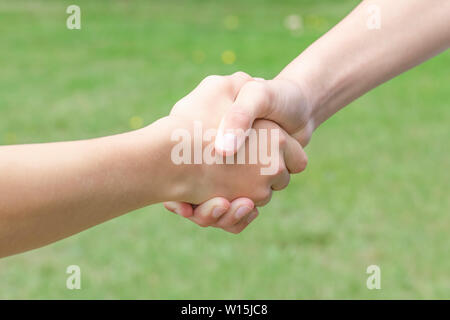 Handshake of two young people in the summer in the park on a background of green grass. The concept of partnership and mutual assistance Stock Photo