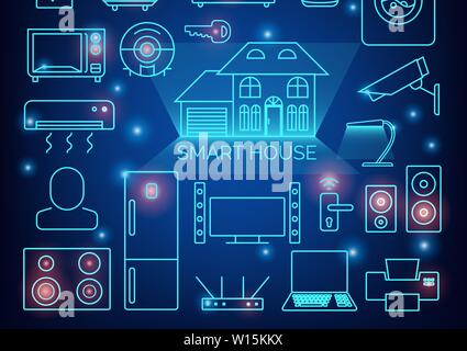 Smart home automation vector background. Connected smart home devices like phone, smart watch, tablet, sensors, appliances. Network of connected Stock Vector