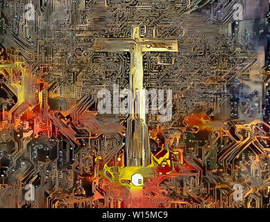 Digital abstract. Shining cross on electronic circuit background Stock Photo