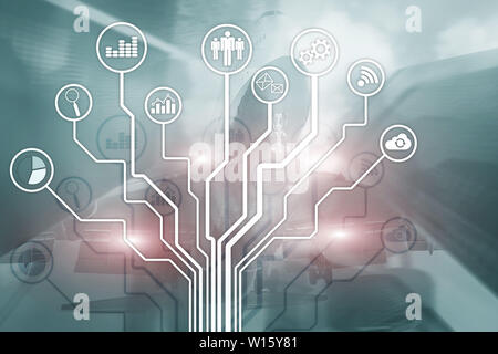 Business applications icons on blurred background. Financial and trading. Internet technology concept Stock Photo