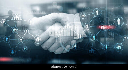 Handshake. Icon of people with network connections. Social media concept. Stock Photo