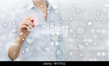 Technology industrial business process workflow organisation structure on virtual screen. IOT smart industry concept mixed media diagram Stock Photo