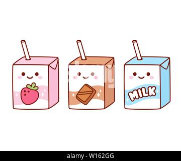 Cute cartoon milk box characters: strawberry, chocolate and regular milk. Kawaii milk cartons with drinking straw and smiling face. Isolated vector cl Stock Vector