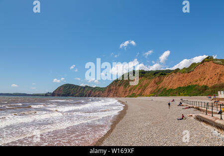 View along the shingle beach shore towards High Peak looking west at Sidmouth, a pleasant south coast seaside town in Devon, south-west England