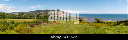 Panoramic view of Sidmouth, a small popular south coast seaside town in Devon, south-west England viewed from Peak Hill (High Peak) Stock Photo