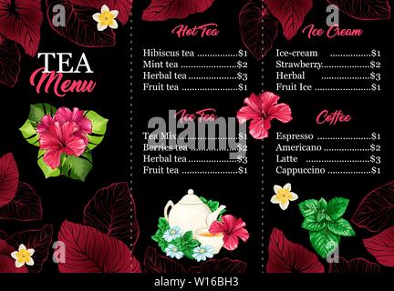 Tea Menu or Leaflet Card with Hawaiian Hibiscus Red Fragrance Flower. Bright Leaves and Chamomile. Vector Banner Design for Cafe Print with Dark Background. Tea Pot, Green Mint Leaf and Cup. Stock Vector