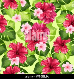 Hawaiian Hibiscus Fragrance Flower and Monstera Leaves Vector Seamless Pattern. Mallow Chinese Rose Flora and Botany Palms with Petals. Tropical Karkade or Bissap Herbal Tea, Crimson Flora Blossom. Stock Vector